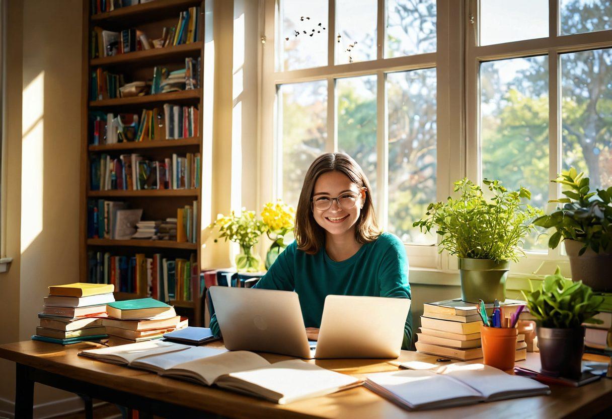 A serene study environment featuring a smiling student surrounded by an array of colorful books, notes, and a laptop emitting a soft glow. Include elements of nature like plants and sunlight streaming through a window to symbolize joy and creativity. Visual metaphors like butterflies and lightbulbs can represent insights and inspiration. super-realistic. vibrant colors. warm lighting.