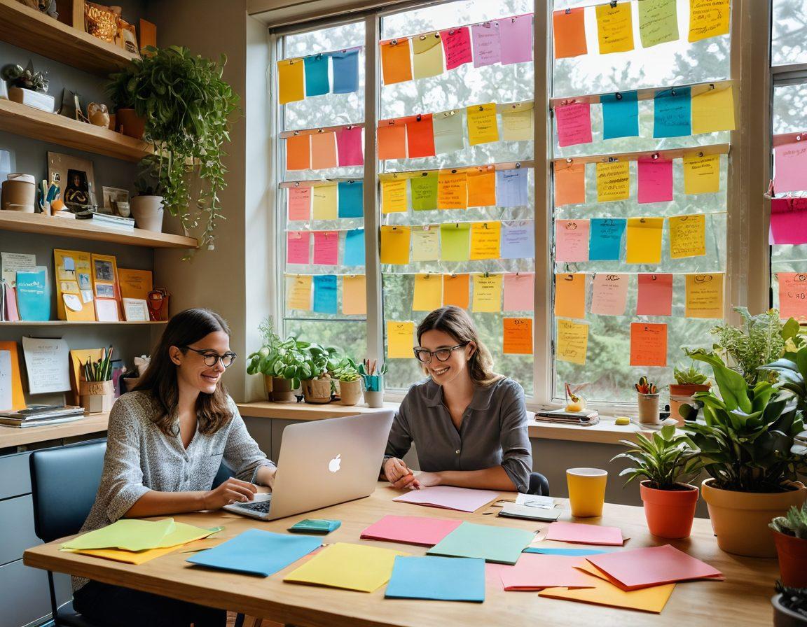 A vibrant and inviting research workspace filled with colorful post-it notes, cheerful artworks, and a large window showcasing a sunny outdoor scene. Include a smiling researcher joyfully engaging with a laptop surrounded by plants and whimsical decorations, symbolizing creativity and positivity in their work. The atmosphere should exude warmth and inspiration, encouraging exploration and joy in research. super-realistic. vibrant colors. soft lighting.