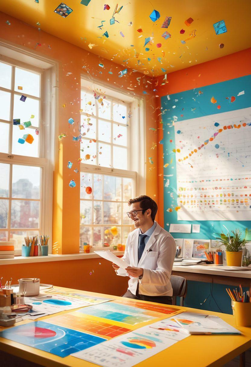A joyful researcher in a bright, colorful lab surrounded by whimsical data visualizations floating in the air, with vibrant charts and graphs transforming into cheerful creatures and objects. Sunshine streaming through a window, bathing the scene in warmth, symbolizing creativity and inspiration in research. super-realistic. vibrant colors. bright background.